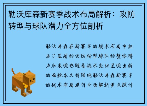 勒沃库森新赛季战术布局解析：攻防转型与球队潜力全方位剖析