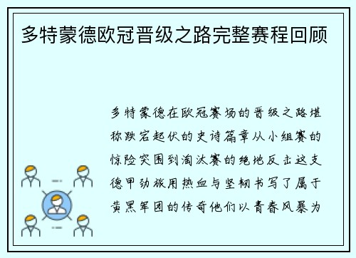 多特蒙德欧冠晋级之路完整赛程回顾